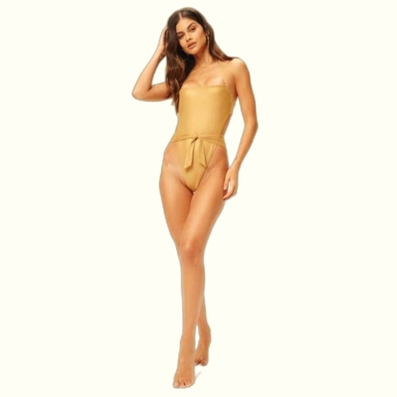 NWT Good American Womens Tie Front Gold Metallic One Piece Swimsuit Size 4 XL - Picture 2 of 8